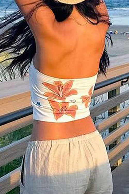 Rebadress Strapless Tube Floral Print Crop Top