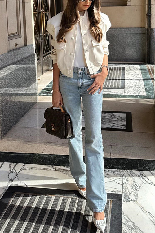 Rebadress Button Up Pocketed Cropped Bomber Jacket