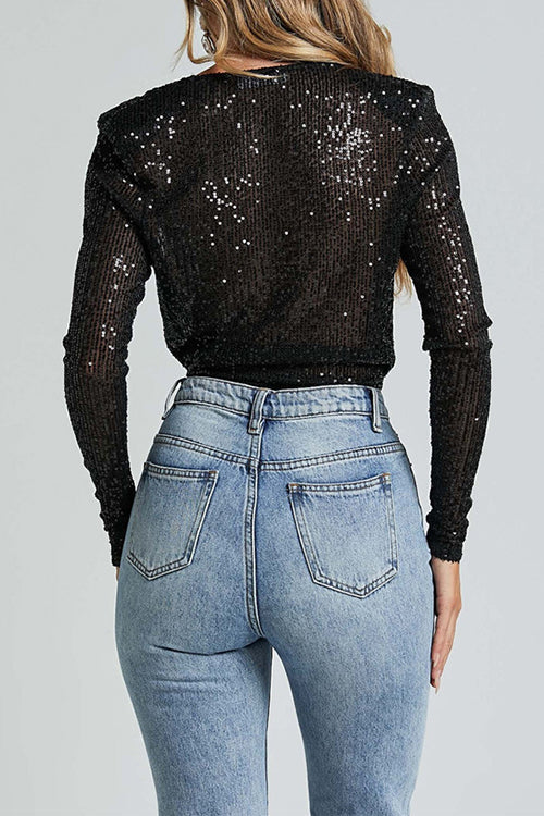 Rebadress Wrap Deep V Neck Long Sleeves Sequin Bodysuit