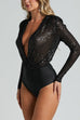 Rebadress Wrap Deep V Neck Long Sleeves Sequin Bodysuit