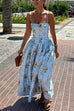 Rebadress Spaghetti Strap Waisted Floral Print A-line Maxi Dress