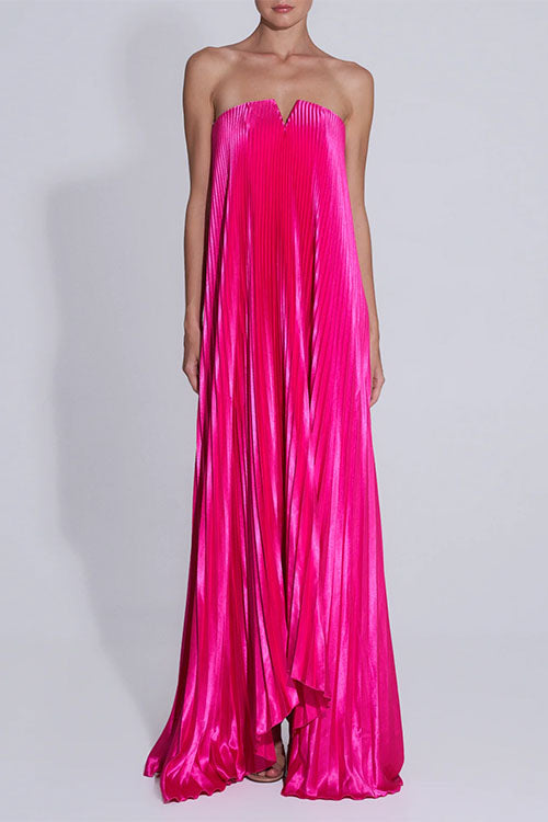 Strapless V Neck Pleated Maxi Party Dress