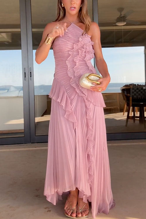 Rebadress Strappy Halter Neck Ruffle Trim Asymmetric Hem Pleated Maxi Dress