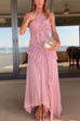 Rebadress Strappy Halter Neck Ruffle Trim Asymmetric Hem Pleated Maxi Dress