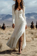 Rebadress U Neck Buttop Up Long Sleeves Ruffle Slit Maxi Dress