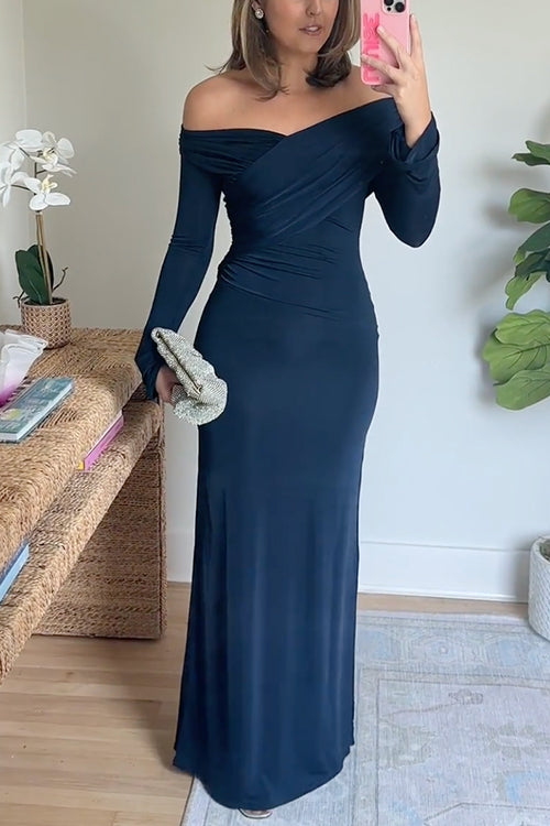 Elegant Off Shoulder Long Sleeves Ruched Maxi Dress