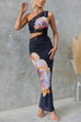 Rebadress One Shoulder Cut Out Lace Splice Floral Maxi Bodycon Dress