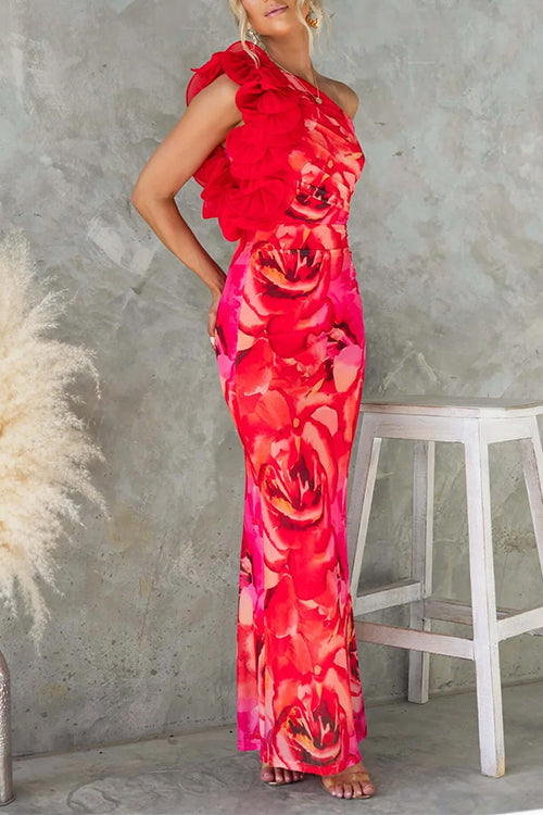 Rebadress Ruffle One Shoulder Floral Print Bodycon Maxi Dress
