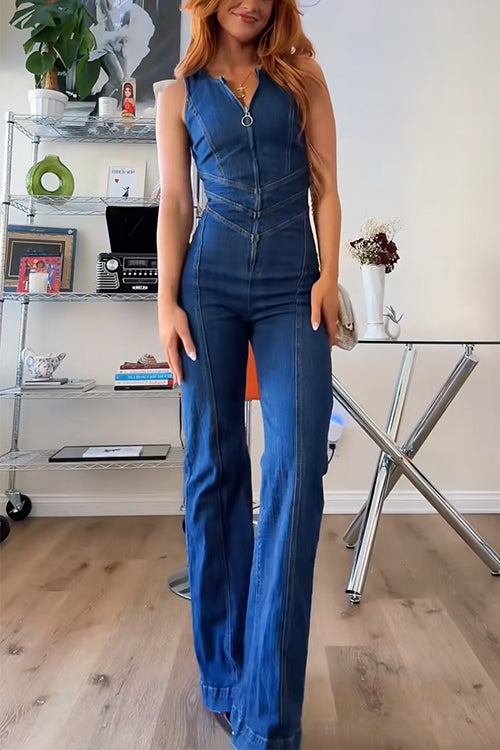 Rebadress Zip Up Sleeveless Heart Back Bell Bottom Denim Jumpsuit
