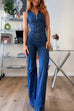 Rebadress Zip Up Sleeveless Heart Back Bell Bottom Denim Jumpsuit