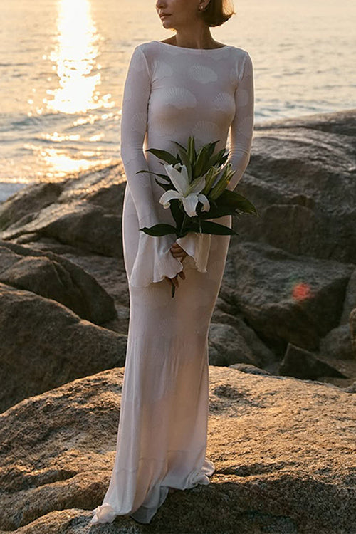 Rebadress Bell Long Sleeves Backless Lace-up Shell Print Maxi Dress