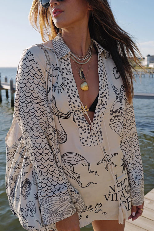 Rebadress Collared V Neck Shirt and Side Slit Shorts Vitamin Sea Print Set