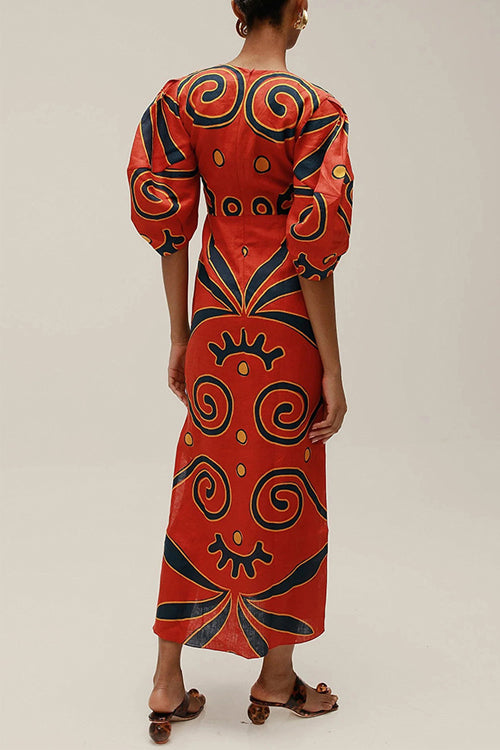 Rebadress Knot Front Cut Out Puff Sleeves Side Slit Printed Midi Dress