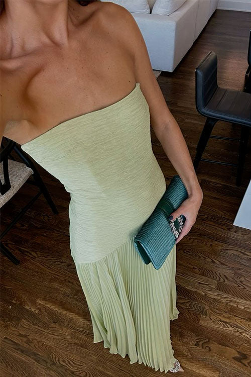 Rebadress Strapless Tube Patchwork Pleated Maxi Dress
