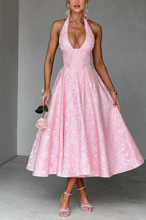 Rebadress Halter V Neck Waisted Jacquard Swing Midi Party Dress