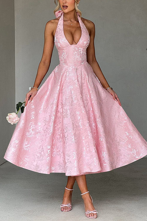 Rebadress Halter V Neck Waisted Jacquard Swing Midi Party Dress