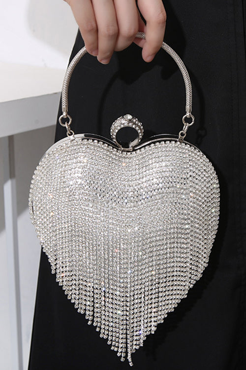 Rebadress Luxury Heart Shape Rhinestones Tassel Evening Handbag