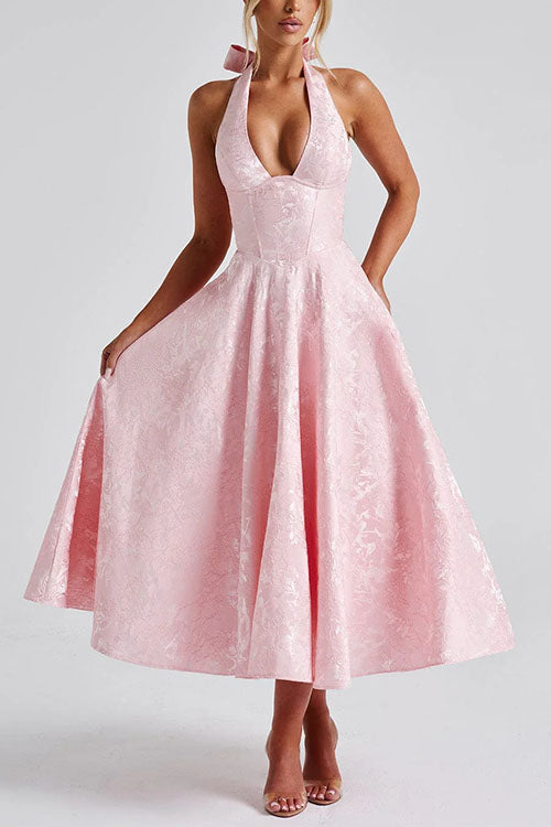 Rebadress Halter V Neck Waisted Jacquard Swing Midi Party Dress