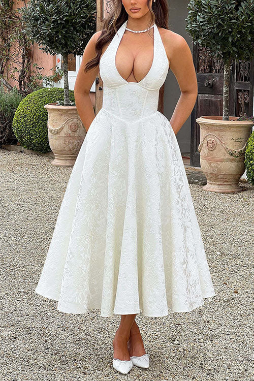 Rebadress Halter V Neck Waisted Jacquard Swing Midi Party Dress