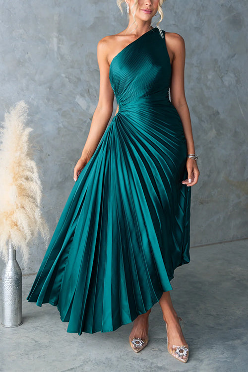 Rebadress One Shoulder Cut Out Waist Pleated Satin Maxi Dress