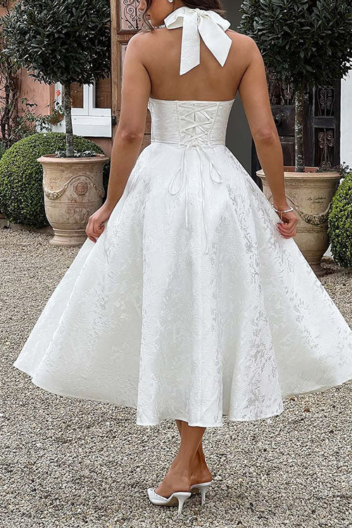 Rebadress Halter V Neck Waisted Jacquard Swing Midi Party Dress