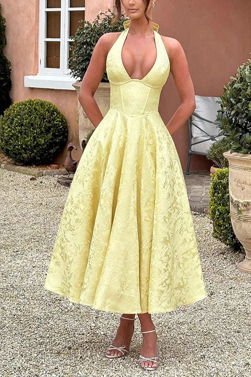 Rebadress Halter V Neck Waisted Jacquard Swing Midi Party Dress