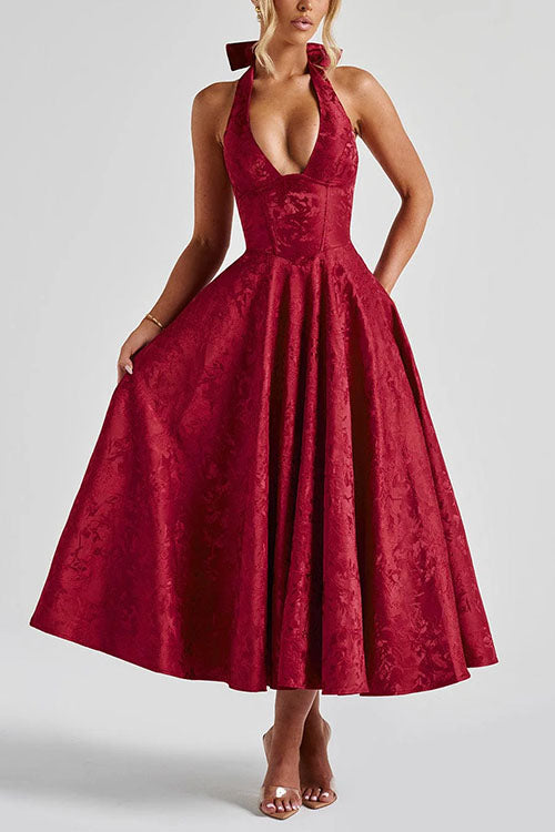 Rebadress Halter V Neck Waisted Jacquard Swing Midi Party Dress