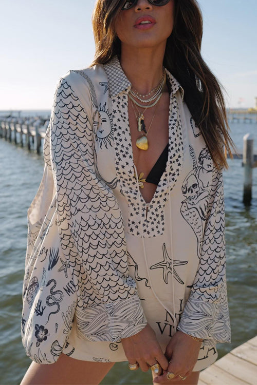 Rebadress Collared V Neck Shirt and Side Slit Shorts Vitamin Sea Print Set