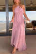 Rebadress Strappy Halter Neck Ruffle Trim Asymmetric Hem Pleated Maxi Dress