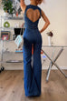 Rebadress Zip Up Sleeveless Heart Back Bell Bottom Denim Jumpsuit