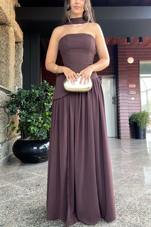 Rebadress Strapless Tube Back Lace-up Slit Splice Maxi Party Dress