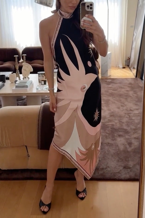 Rebadress Halter Neck Open Back Asymmetric Hem Printed Satin Midi Dress