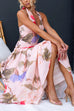 Halter V Neck Lace-up Floral Print Swing Maxi Dress