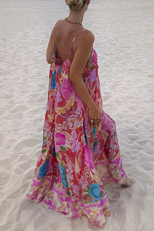 Rebadress V Neck Spaghetti Strap Backless Floral Print Maxi Vacation Dress