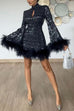 Rebadress Stand Collar Feather Trim Sequin Mini Party Dress