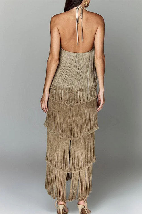 Rebadress Chicest Halter Ruffle Layered Fringe Maxi Party Dress