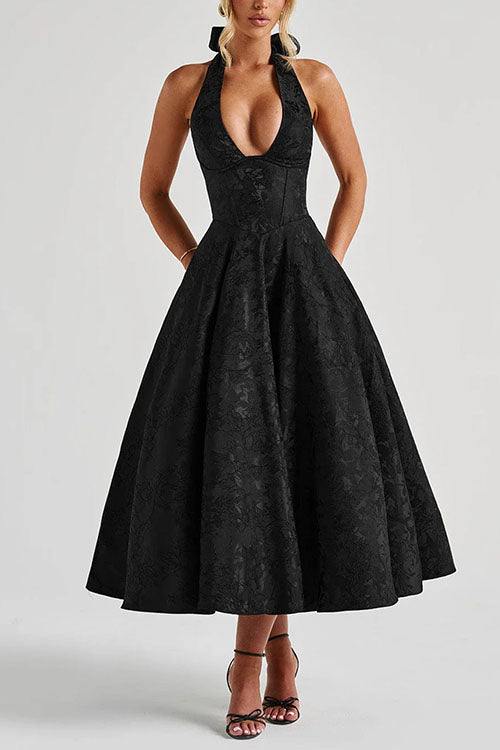 Rebadress Halter V Neck Waisted Jacquard Swing Midi Party Dress