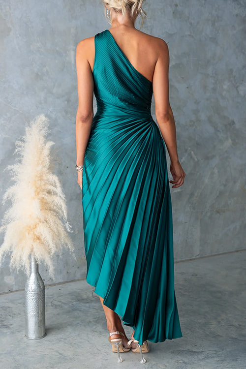 Rebadress One Shoulder Cut Out Waist Pleated Satin Maxi Dress