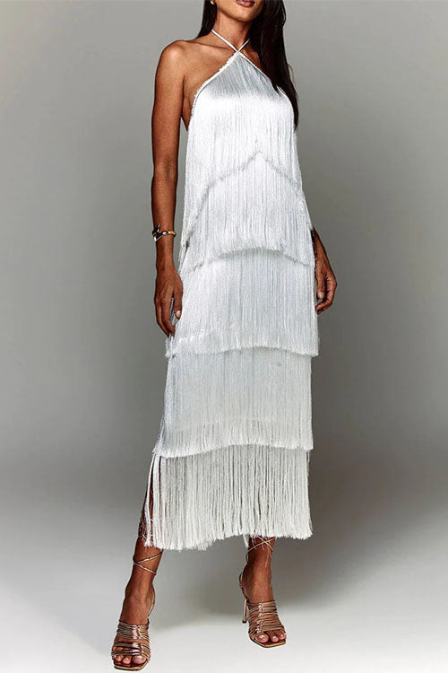 Rebadress Chicest Halter Ruffle Layered Fringe Maxi Party Dress