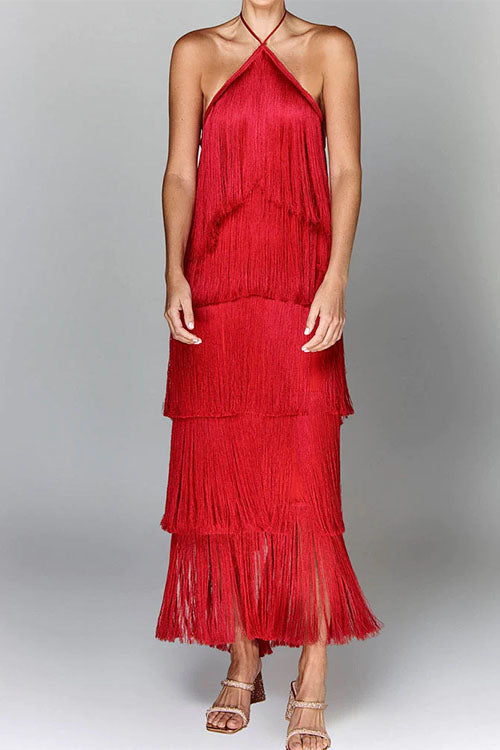 Rebadress Chicest Halter Ruffle Layered Fringe Maxi Party Dress