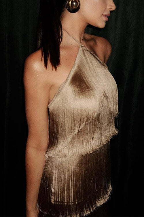 Rebadress Halter Ruffle Tiered Fringe Mini Party Dress