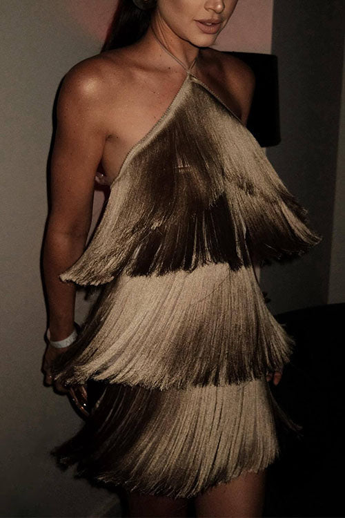 Rebadress Halter Ruffle Tiered Fringe Mini Party Dress