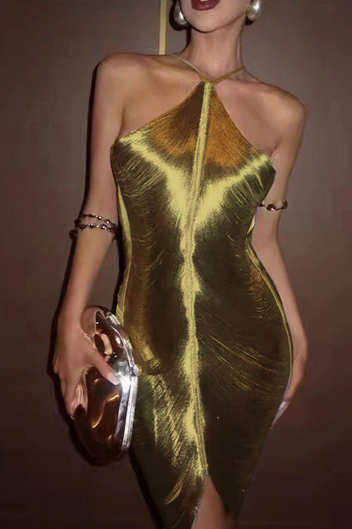 Rebadress Chicest Halter Draped Fringe Mini Party Dress