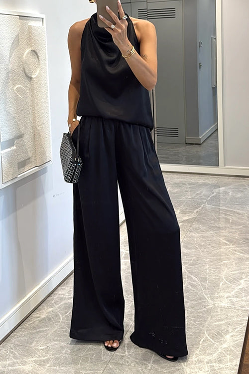 Cowl Neck Sleeveless Top and Elastic Waist Wide Leg Pants Satin Set