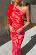 Rebadress Ruffle One Shoulder Floral Print Bodycon Maxi Dress