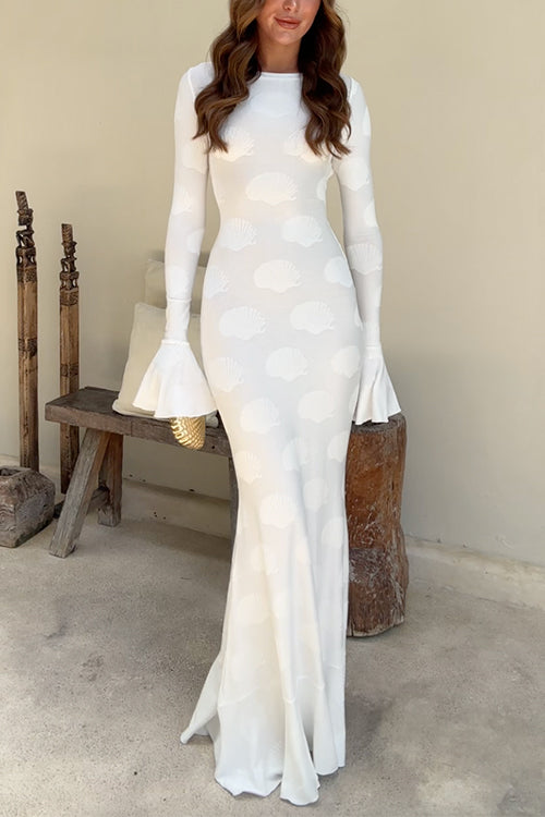 Rebadress Bell Long Sleeves Backless Lace-up Shell Print Maxi Dress