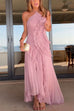 Rebadress Strappy Halter Neck Ruffle Trim Asymmetric Hem Pleated Maxi Dress