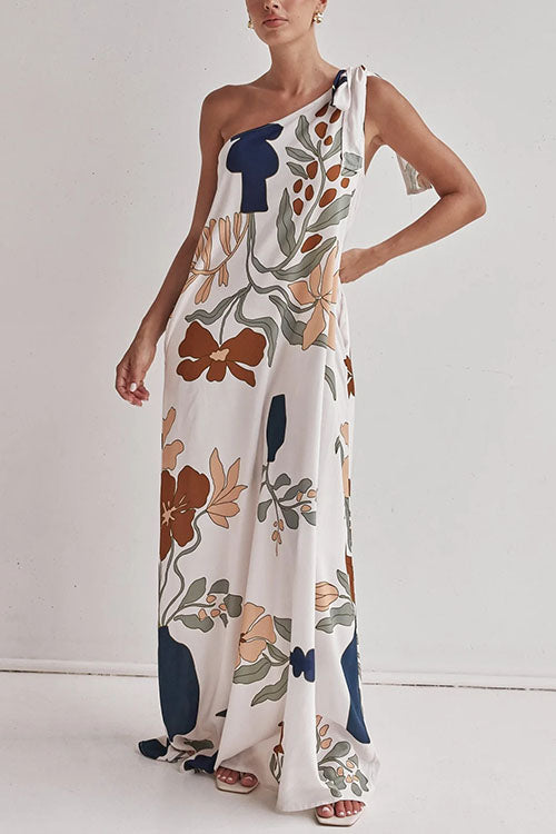 Rebadress Tie Knot One Shoulder Floral Print Maxi Dress