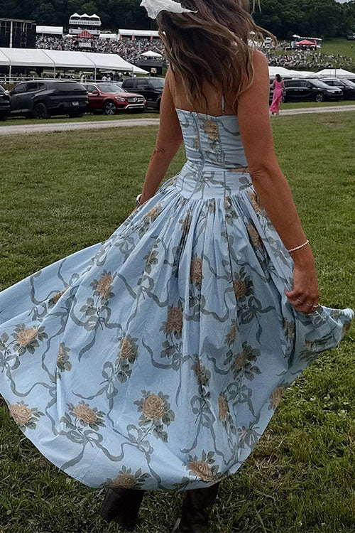 Rebadress Spaghetti Strap Waisted Floral Print A-line Maxi Dress