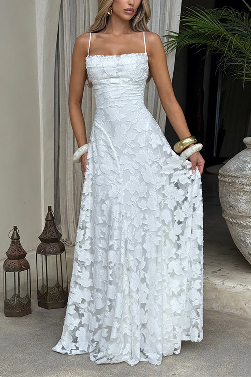 Rebadress Spaghetti Strap Backless Lace-up Jacquard Maxi Dress